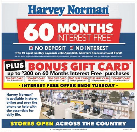 Harvey Norman advertisement promoting 60 months interest free