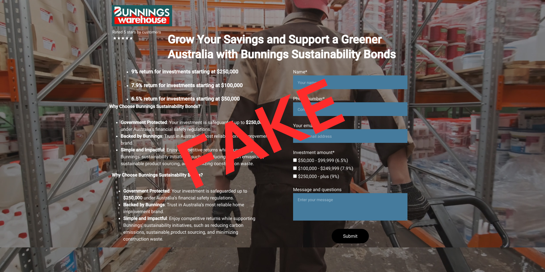 Bunnings fake bond scam - click to enlarge