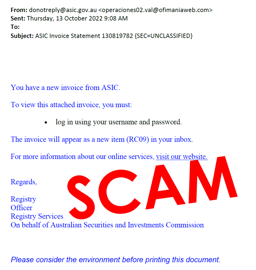 Screenshot of fake ASIC email