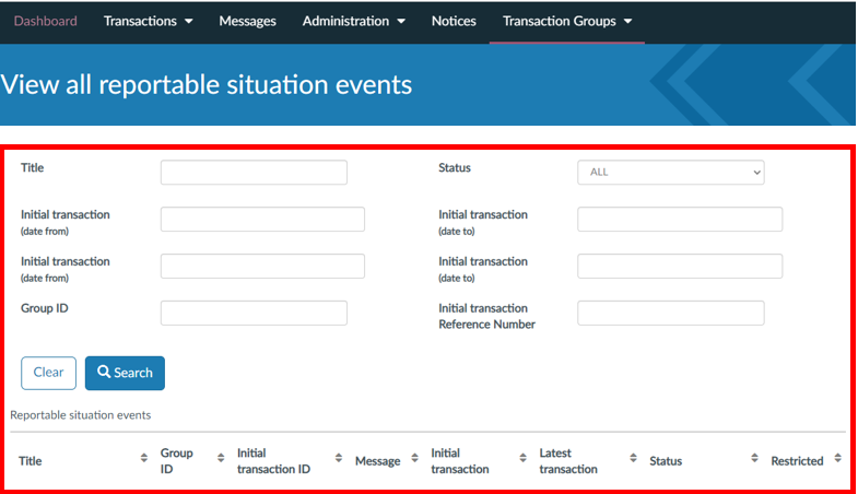 Screenshot showing text fields within 'View all reportable situation events’.