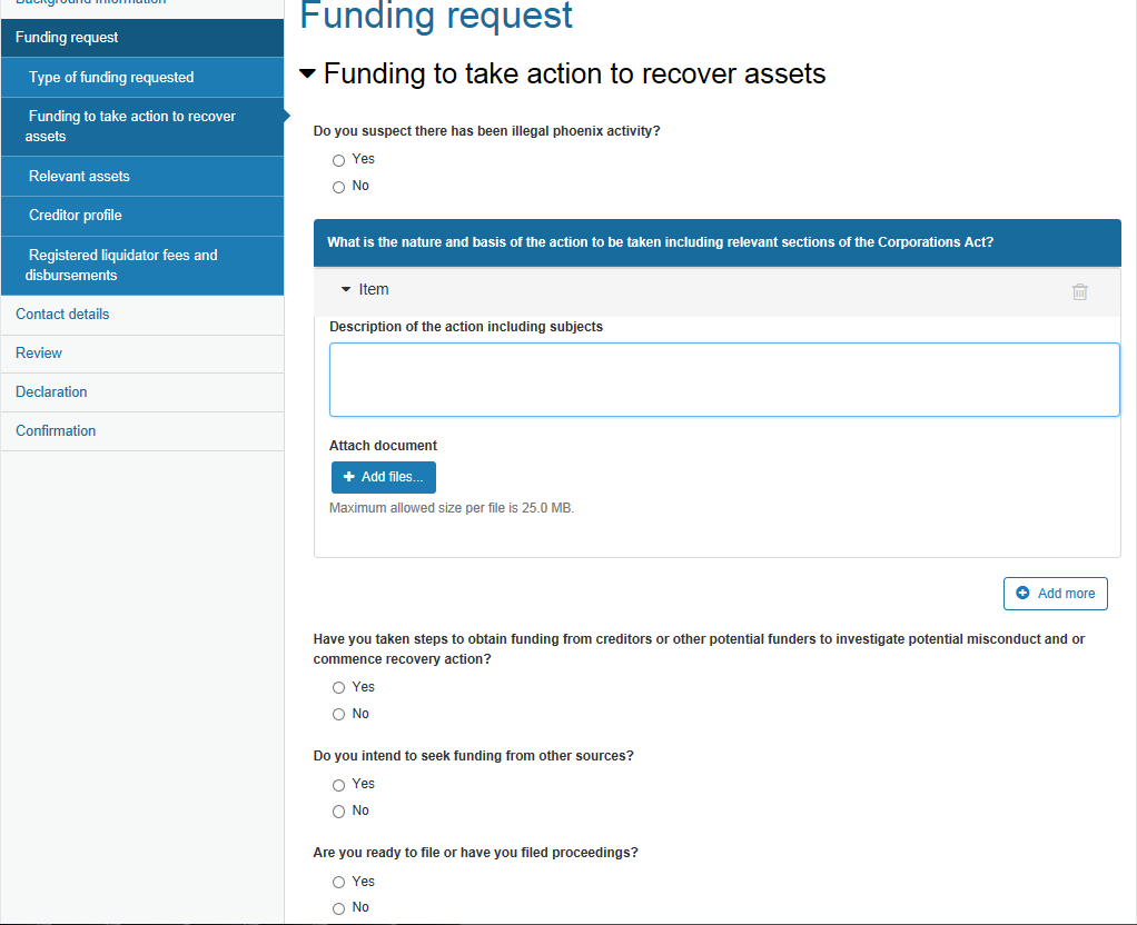 screenshot of Funding to take action to recover assets webpage