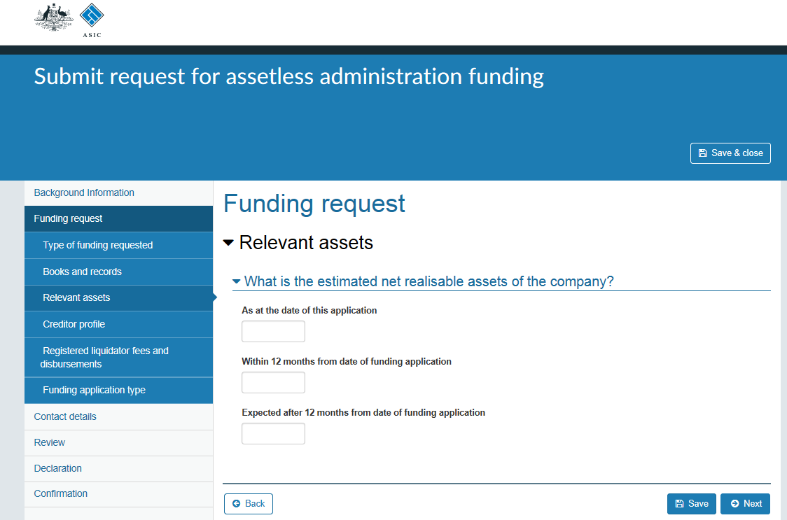 screenshot of Relevant assests webpage