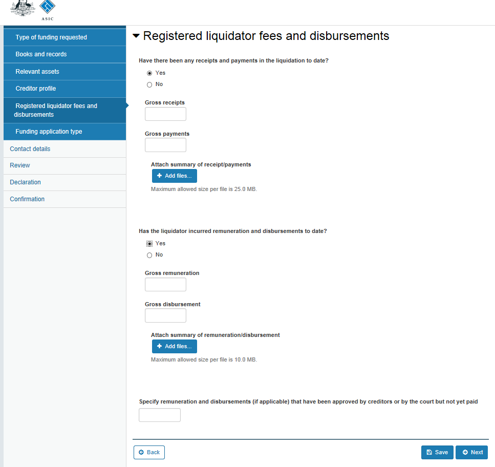 screenshot of Registered liquidator fees and disbursements webpage