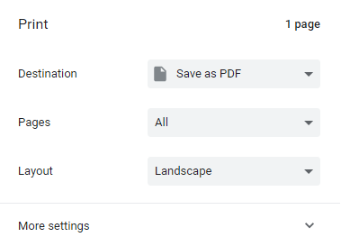 Print to PDF dialogue box in Google Chrome