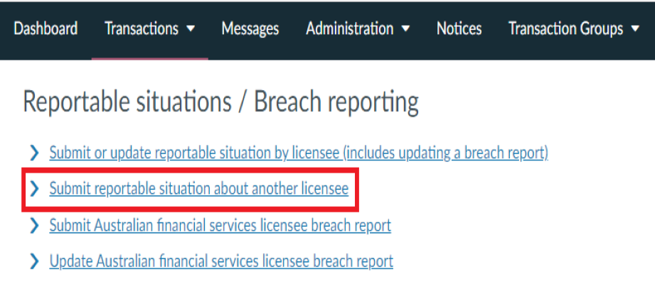 Screenshot of ‘Submit reportable situation about another licensee’ link.