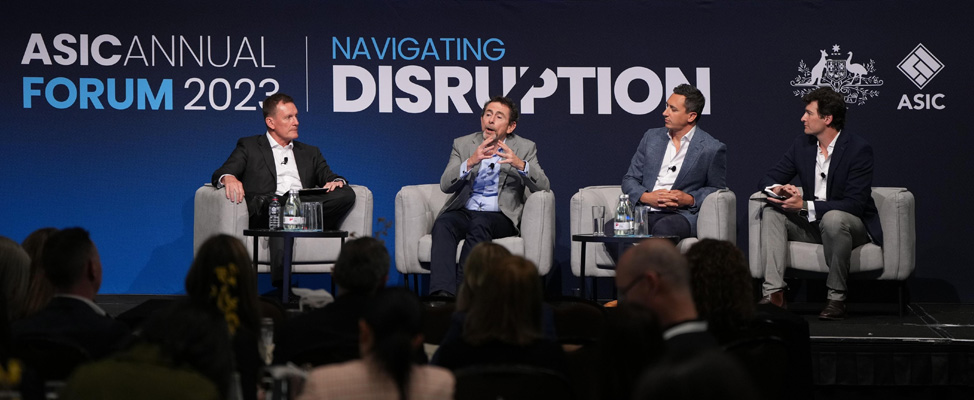 Graham Jefferson, Nick Abrahams, Josh Shipman and Professor Nicholas Davis speaking during the 2023 ASIC Annual Forum