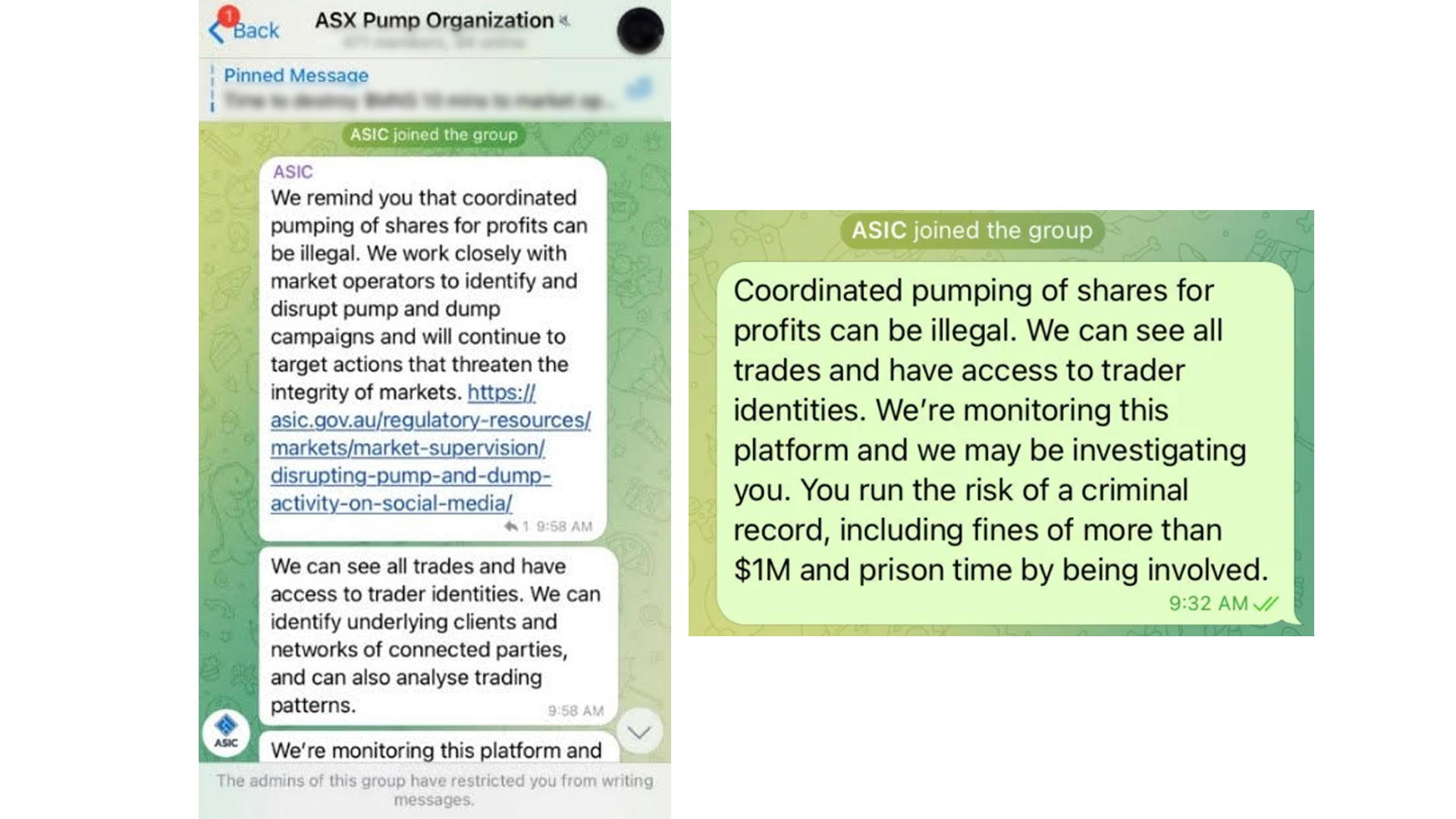 ASIC assets from messaging the public Telegram group chats