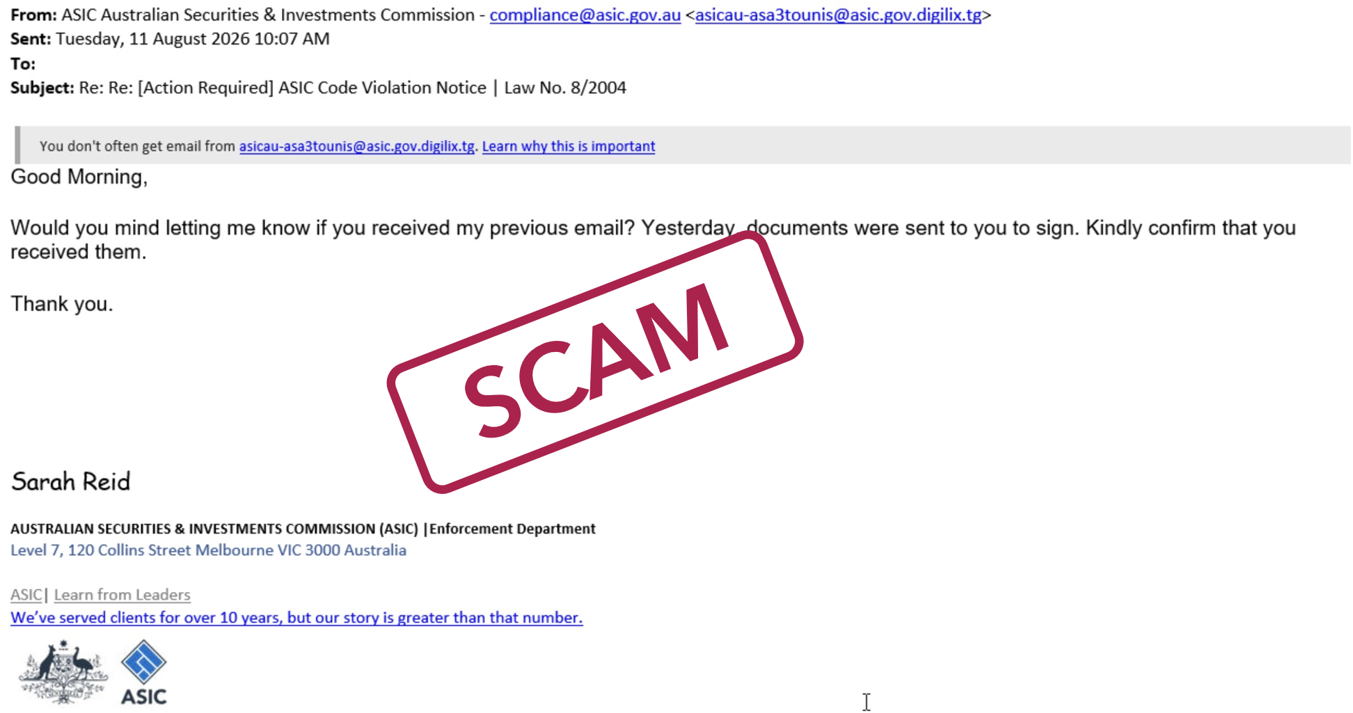 Example of a scam email