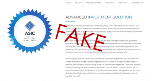 Alliance Limited website falsely displaying ASIC’s logo