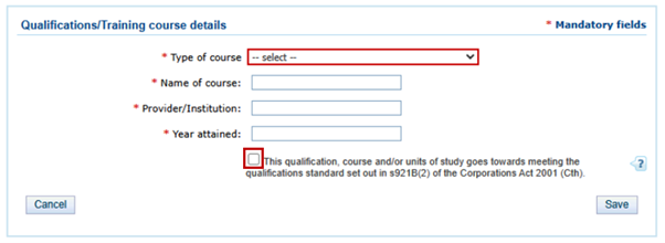 screenshot of ASIC connect form