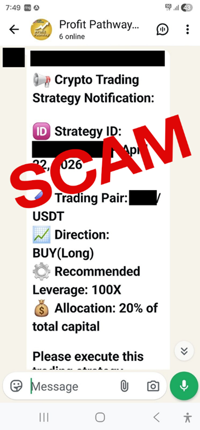 Example 2 of fake investment advice shows a screenshot of a whatsapp chat message from Profit Pathways with a message titled "Crypto Trading Strategy Notification". The word scam is overlaid on the image.