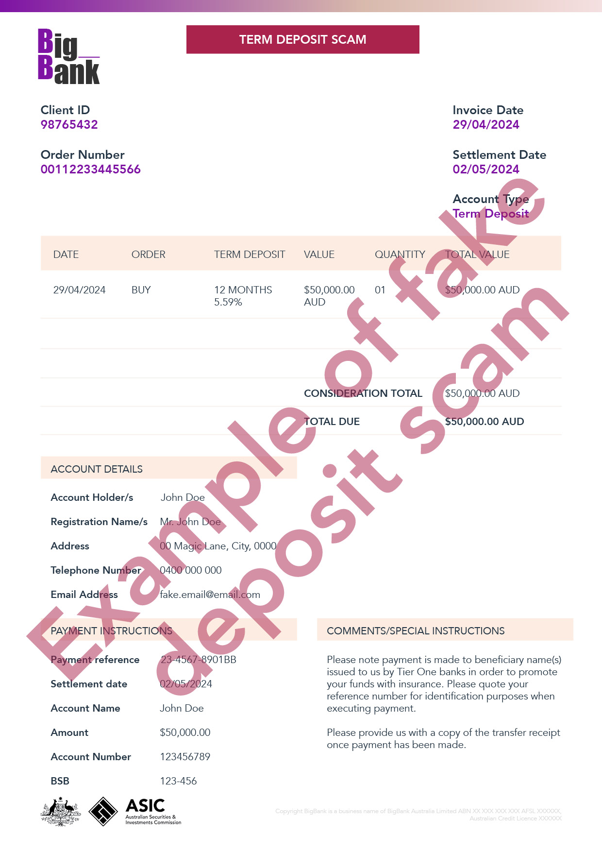 Example 2: Term deposit scam - a fake investment document showing a client segregated account that is in the consumer's name.