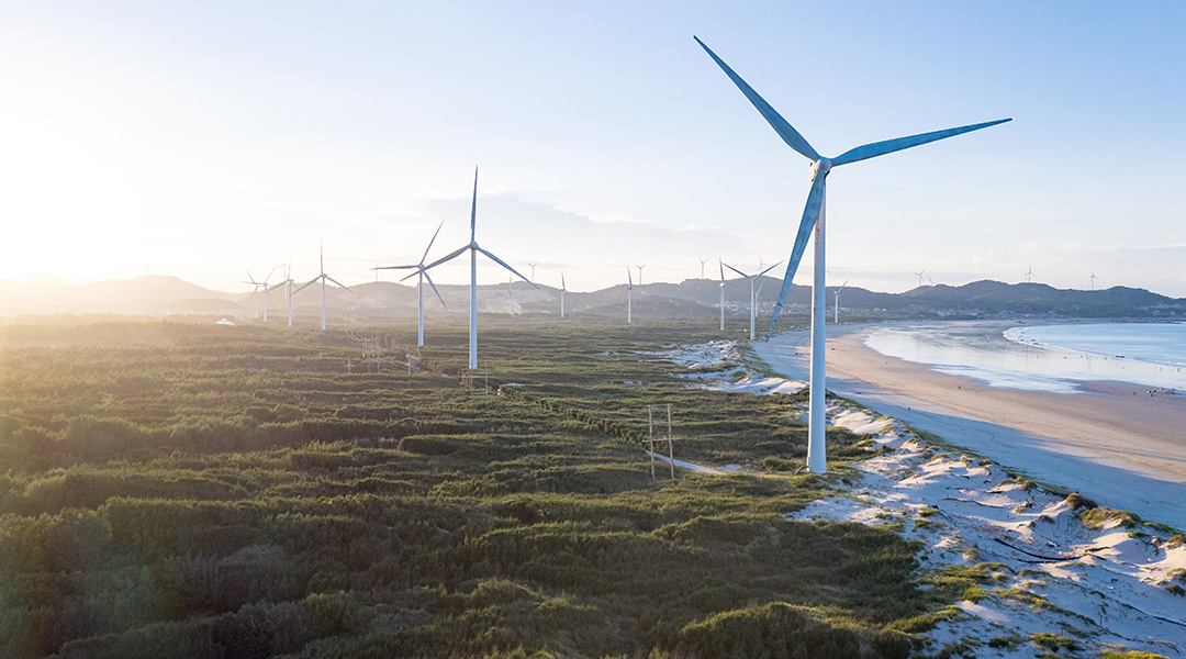 Wind turbines in an open field