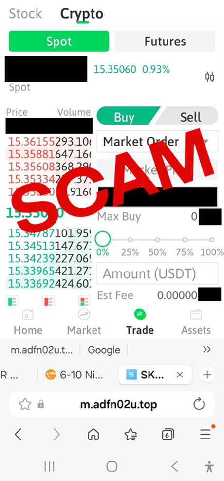 Example of fake trading platform is a screenshot with a Stock tab and Crypto tab at the top with the Crypto tab open. Center-left shows various prices in red and green. Center-right shows a Buy and Sell tab with Buy highlighted in green. The bottom of the screenshot shows four tabs labelled as Home, Market, Trade and Assets with Trade tab open. The word scam is overlaid on the image.