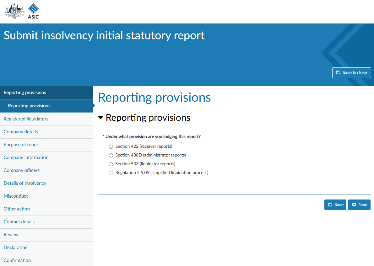 Submit insolvency initial statutory report screenshot
