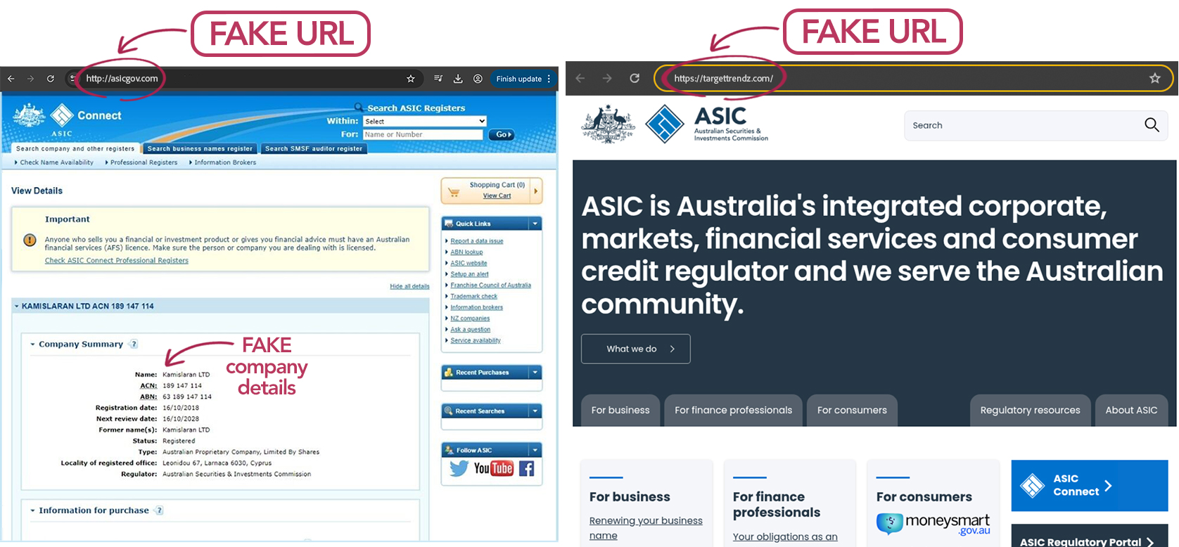 Examples of ASIC Connect website scams