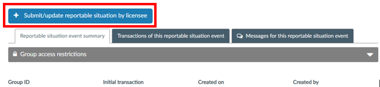 Screenshot showing  ‘Submit/update reportable situation by licensee’ button.